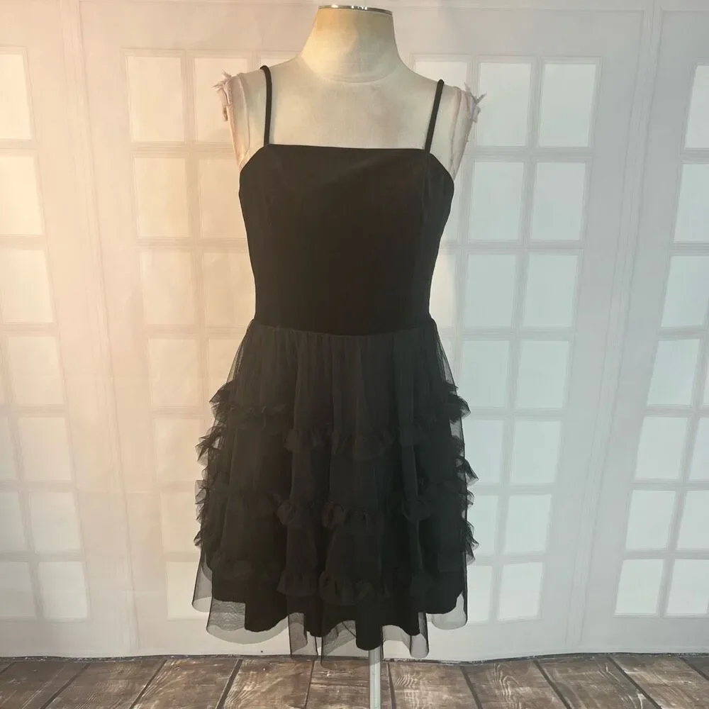 Row A Black Velvet Ruffled Chiffon Skirt Lined Mini Party Dress Size Large - Picture 1 of 10